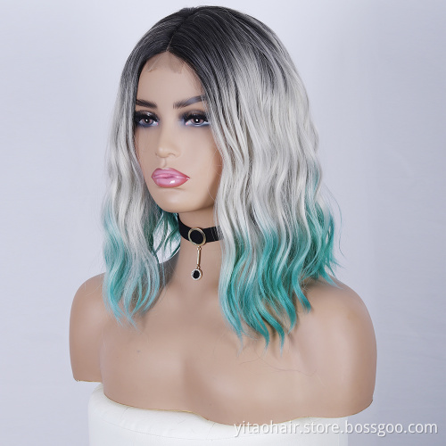 Gray Blue Wavy Wig Women's Short Bob Ombre Black Wig Curly Wavy Shoulder Length Bob Synthetic Cosplay Wigs for Girl
